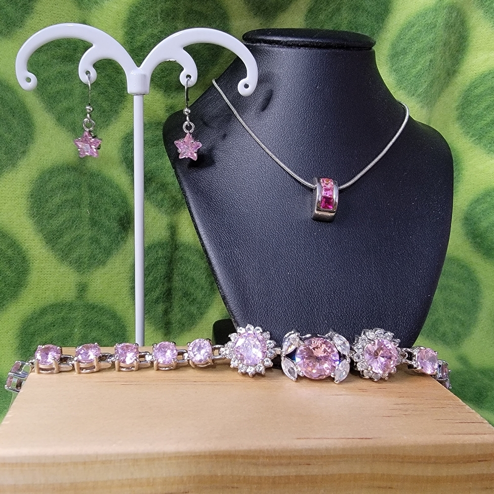 Y2K Pink CZ Jewelry Set, star earrings, bling bracelet and slider charm necklace
